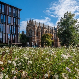 Keble College (right) and the Beecroft Building from University Parks