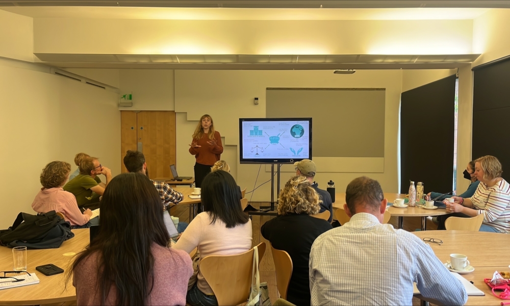 Researcher Tamsin Blaxter presenting on regenerative agriculture.